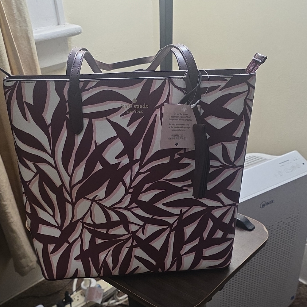 Kate Spade Burgundy and White Leaf Pattern Tote